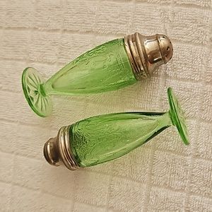 SOLD Green Uranium Depression Glass Cameo,Ballerina,Dancing Girl Salt and Pepper